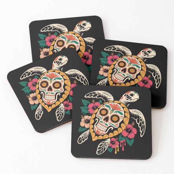 Item preview, Sugar Skull Sea Turtle with Hibiscus Flowers Tattoo Art designed and sold by Exodoi.