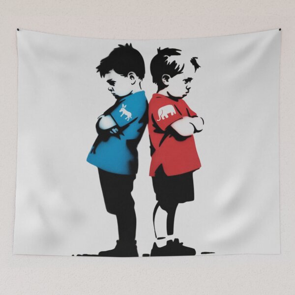 Item preview, banksy inspired drawing of two children standing back to back with their arms crossed in a stubborn or pouting manner designed and sold by 123ks.