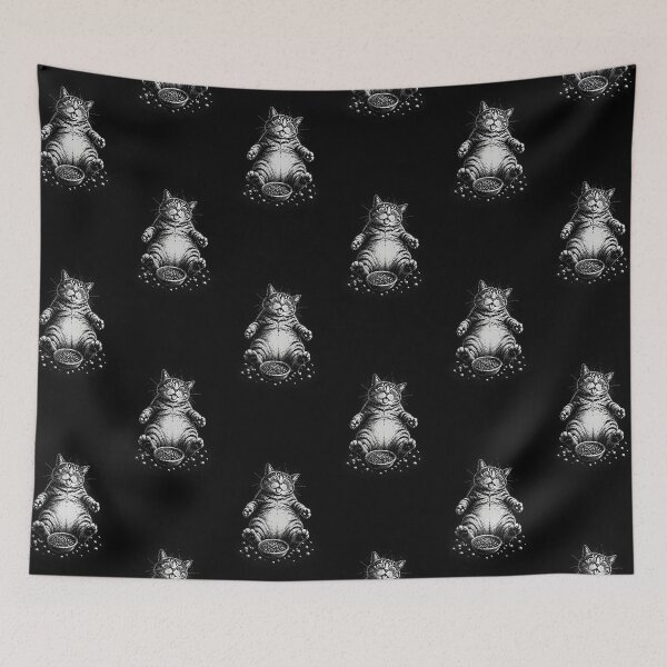 Item preview, Funny Fat Cat Eating Food Vintage Black and White Design designed and sold by ChaoticCatIlust.