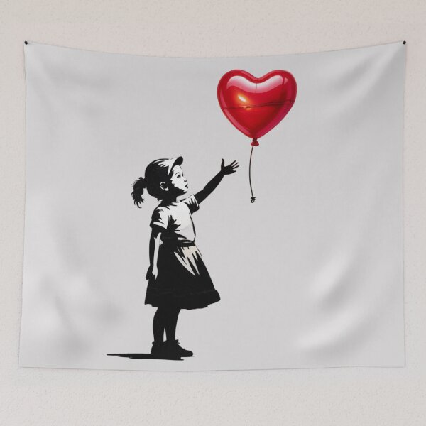 Item preview, Banksy - a girl reaching upward toward a prominent, vibrant red heart-shaped balloon  designed and sold by 123ks.
