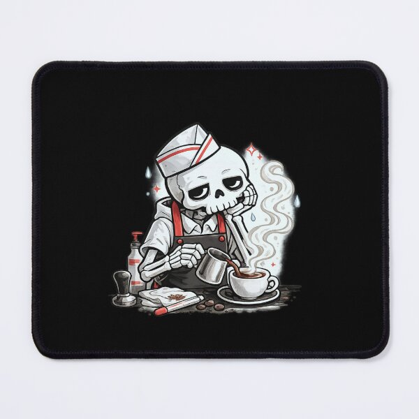 Item preview, Skeleton Barista Making Coffee with Bored Expression – Bold Black White Red Cartoon Illustration designed and sold by OnPointOutfits.