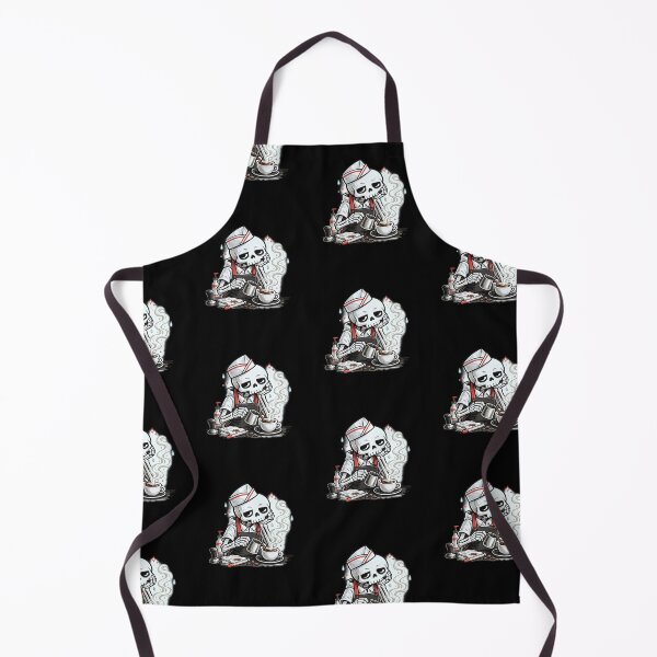 Item preview, Skeleton Barista Making Coffee with Bored Expression – Bold Black White Red Cartoon Illustration designed and sold by OnPointOutfits.