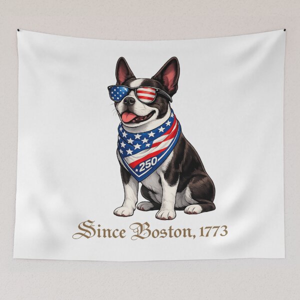 Item preview, Boston Terrier Patriotic American Flag Sunglasses Bandana 250th Anniversary Shirt designed and sold by Drawn-Measured.