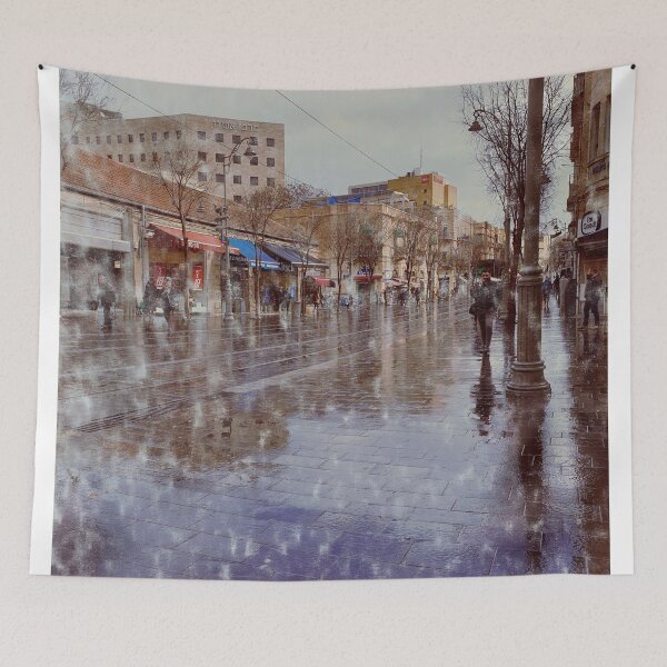 Item preview, Golden hour reflections on Jaffe Road, Jerusalem after April rain  designed and sold by simplyart767.