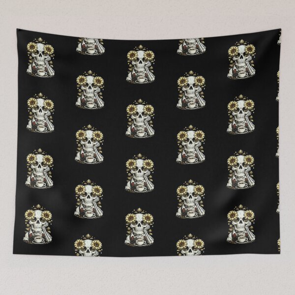 Item preview, Skull with Sunflowers Growing Through Eye Sockets – Symmetrical Bold Black and Gold Line Art designed and sold by OnPointOutfits.