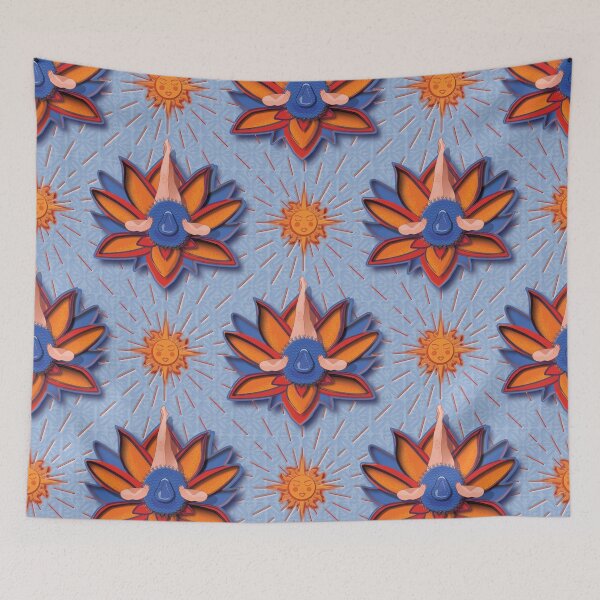 Item preview, Flora sunbathes wearing a hat on a dahlia, sky blue background designed and sold by WONDERPRINTVALLEY.