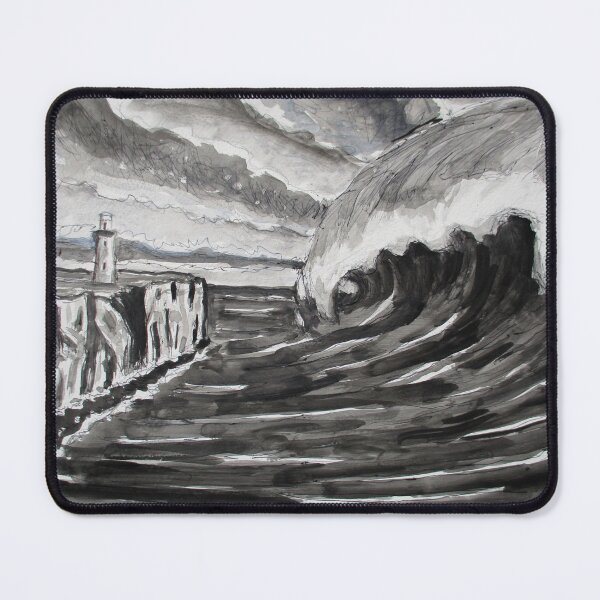 Item preview, Stormy Lighthouse and Tsunami Wave – Dramatic Monochrome Painting designed and sold by RShirleyFineArt.