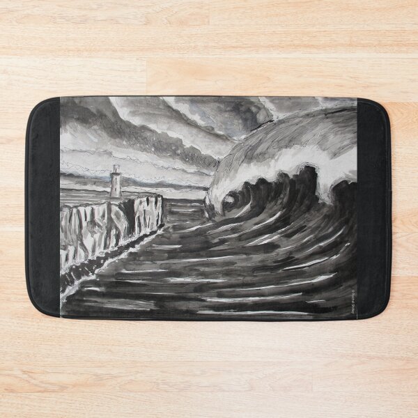Item preview, Stormy Lighthouse and Tsunami Wave – Dramatic Monochrome Painting designed and sold by RShirleyFineArt.