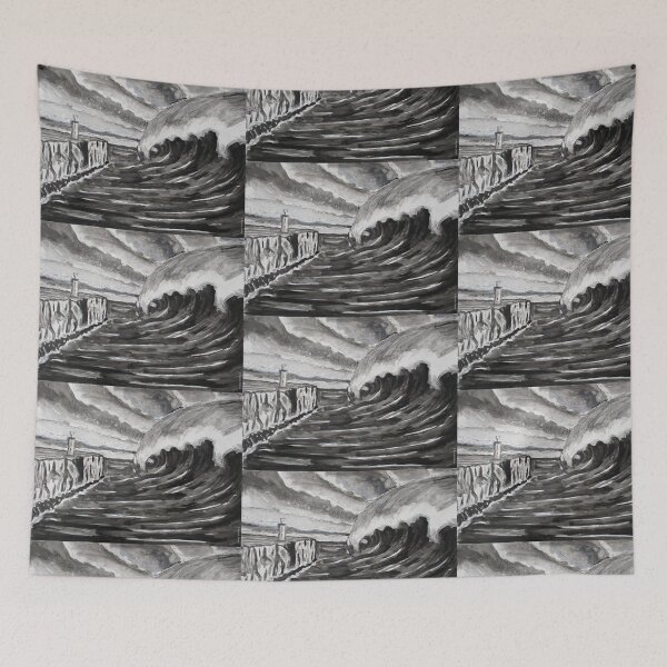 Item preview, Stormy Lighthouse and Tsunami Wave – Dramatic Monochrome Painting designed and sold by RShirleyFineArt.