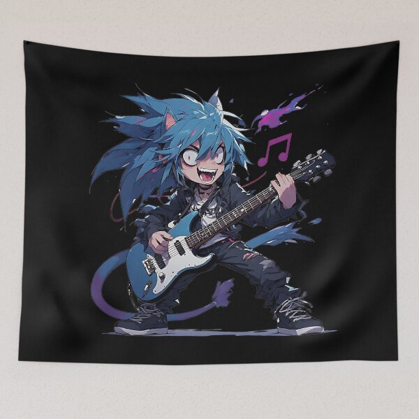 Item preview, Blue Hair Anime Cat Guitarist Rock Graphic Tee designed and sold by UrbanPrts.
