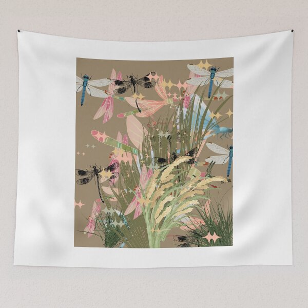 Item preview, Dragonfly Wheat Grass Sparkle Boho Tan Pink Nature Art Print designed and sold by Extremeallie.