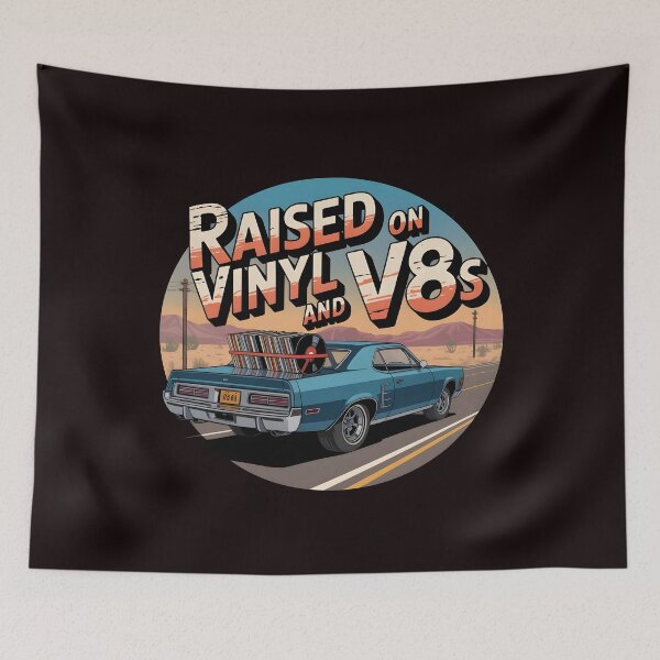 Item preview, Raised On Vinyl and V8s Retro Garage Style for Music and Car Enthusiasts designed and sold by Redgiant87x.