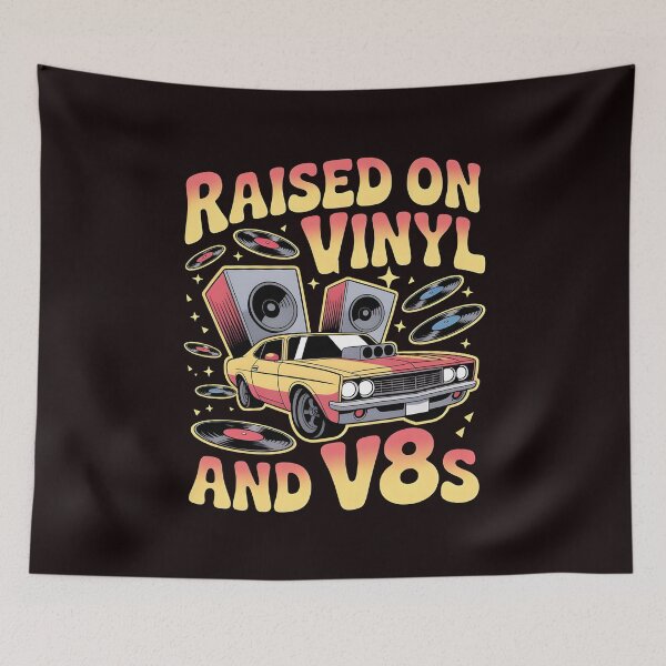 Item preview, Raised On Vinyl and V8s Cool Vintage Music Culture Graphic for Gearheads designed and sold by Redgiant87x.