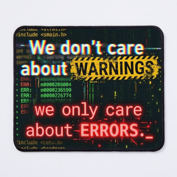 Item preview, We Don't Care About Warnings – Only Errors | Glitch Art Developer Humor designed and sold by safetysignprod.