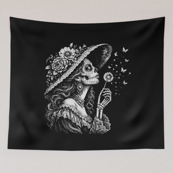 Item preview, Sugar Skull La Catrina Blowing Wishes Dandelion Butterflies Dia De Los Muertos designed and sold by gunaone-design.