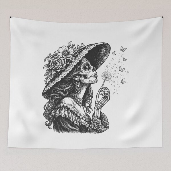 Item preview, Sugar Skull La Catrina Blowing Wishes Dandelion Flower Butterflies Dia De Los Muertos designed and sold by gunaone-design.