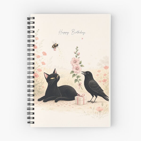 Item preview, Happy Birthday Flowers Black Cat, Raven & Bee Greeting Card designed and sold by VelvetClawStudio.