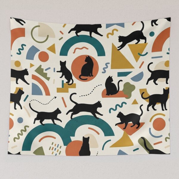 Item preview, Black Cat Silhouettes Geometric Pattern Colorful Boho designed and sold by Owcomm.