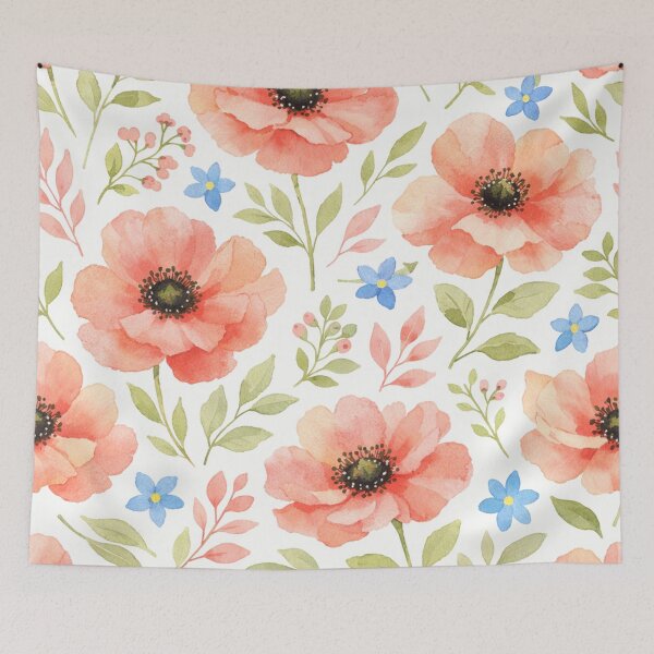 Item preview, Coral Pink Blooms with Blue Wildflowers designed and sold by Owcomm.