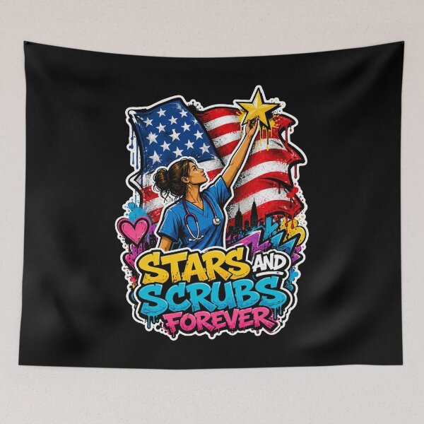 Item preview, Stars and Scrubs Forever Nurse American Flag Graffiti designed and sold by No Limits T-Shirts.