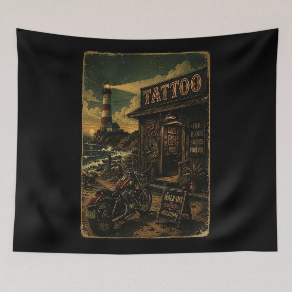 Item preview, Vintage Tattoo Shop Lighthouse Biker Coastal Gothic Retro designed and sold by Modaozushi216.