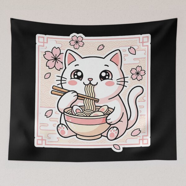 Item preview, Kawaii Ramen Cat With Cherry Blossoms Soft Japanese Style designed and sold by titanlevi.