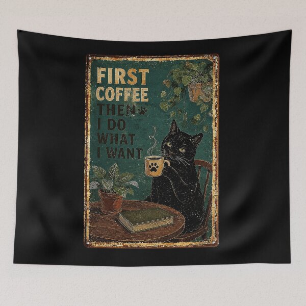 Item preview, Vintage Black Cat Coffee Quote With Cozy Moody Reading Room designed and sold by eliramaison.