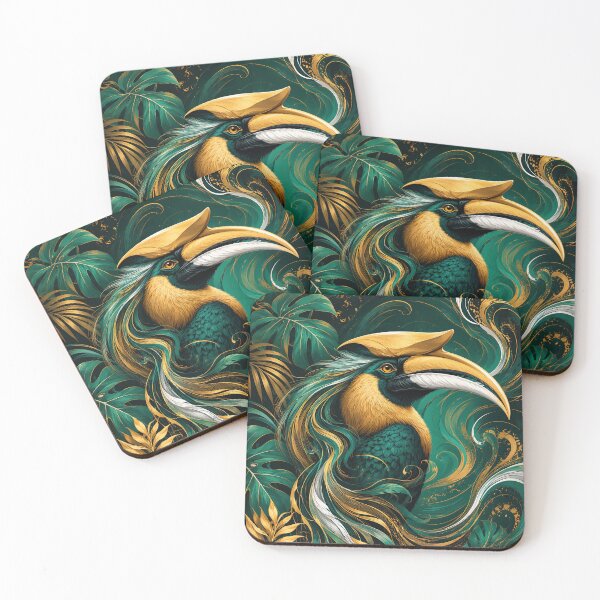 Item preview, Emerald Hornbill Majesty, Tropical Gold Jungle Bird Art designed and sold by ms_illustration.