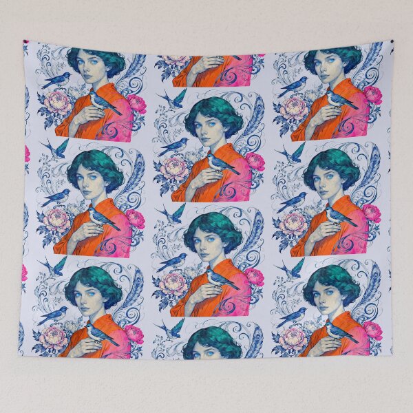Item preview, Blue Eyed Dreamer with Birds and Peonies designed and sold by KiraChie.