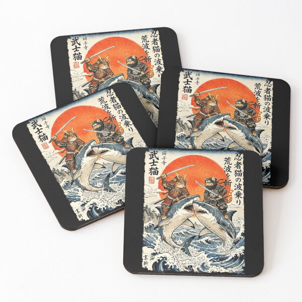 Item preview, Samurai Cat Riding Sharks In Retro Japanese Ukiyoe Wave designed and sold by titanlevi.