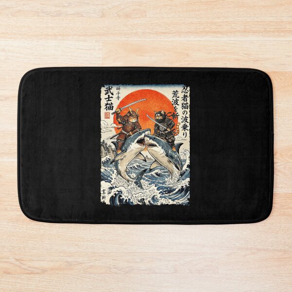 Item preview, Samurai Cat Riding Sharks In Retro Japanese Ukiyoe Wave designed and sold by titanlevi.