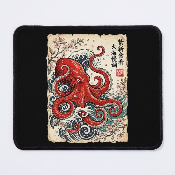 Item preview, Red Octopus Japanese Wave With Vintage Sakura Ukiyo Style designed and sold by titanlevi.