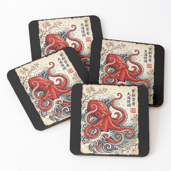 Item preview, Red Octopus Japanese Wave With Vintage Sakura Ukiyo Style designed and sold by titanlevi.