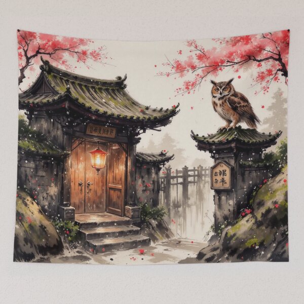Item preview, Owl at the Sakura Gate — Cherry Blossom Night Art designed and sold by Mugen-Champloo.
