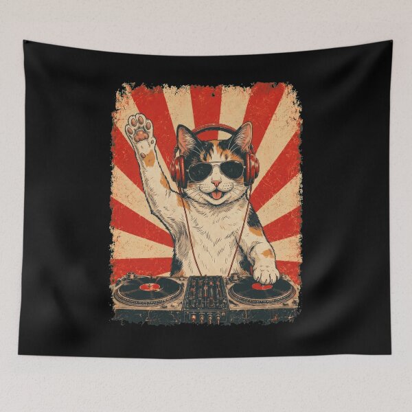 Item preview, Vintage DJ Japanese Bobtail With Headphones Art Cat Owner designed and sold by DoodleTortle.