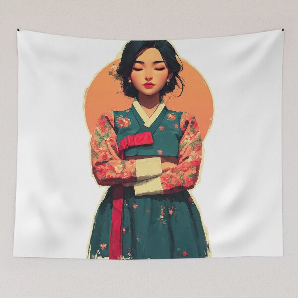 Item preview, Serene Korean Woman in Floral Traditional Hanbok designed and sold by colorful-white.
