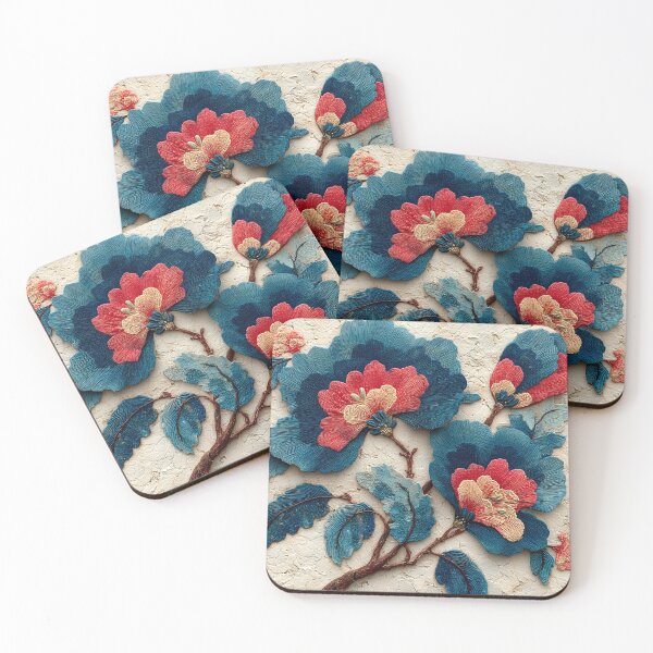 Item preview, Textured Blue and Red Floral Embroidery Art designed and sold by colorful-white.