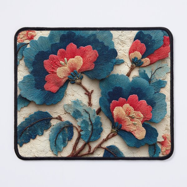 Item preview, Textured Blue and Red Floral Embroidery Art designed and sold by colorful-white.