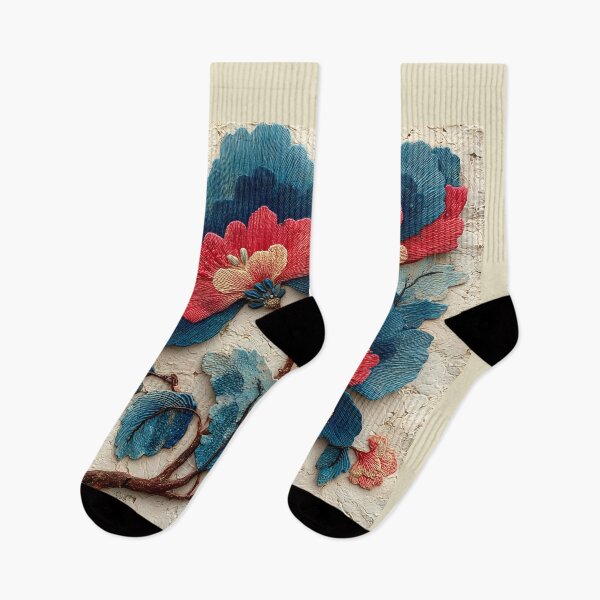 Item preview, Textured Blue and Red Floral Embroidery Art designed and sold by colorful-white.
