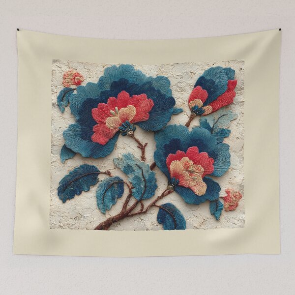 Item preview, Textured Blue and Red Floral Embroidery Art designed and sold by colorful-white.