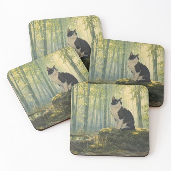Item preview, Tuxedo Cat in Bamboo Grove - Vintage Japanese Art designed and sold by WabiSabiArts.