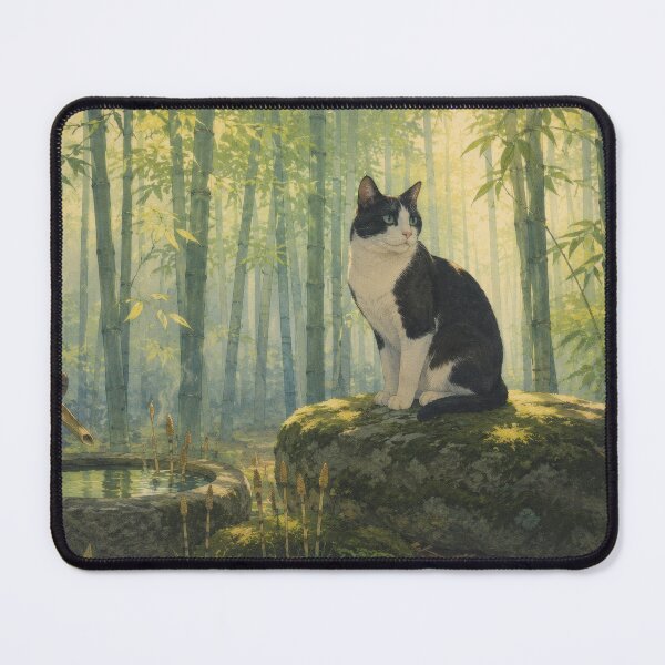 Item preview, Tuxedo Cat in Bamboo Grove - Vintage Japanese Art designed and sold by WabiSabiArts.