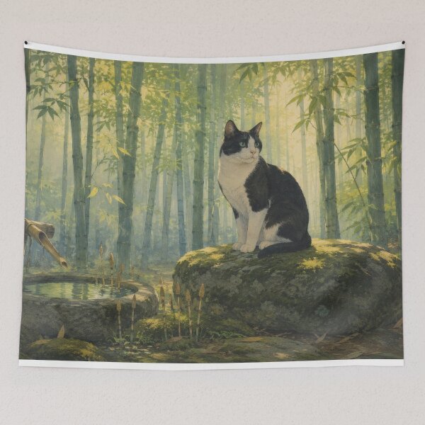 Item preview, Tuxedo Cat in Bamboo Grove - Vintage Japanese Art designed and sold by WabiSabiArts.