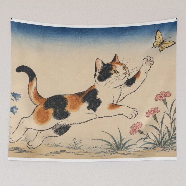 Item preview, Calico Cat Chasing Butterfly - Traditional Japanese Ukiyo-e Art designed and sold by WabiSabiArts.