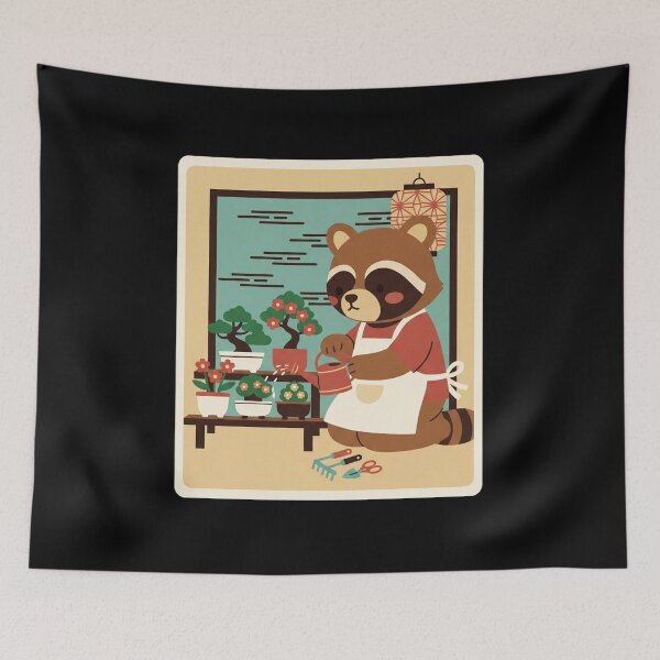 Item preview, Cute Raccoon Gardening Bonsai Trees In Cozy Japanese Style designed and sold by JordynLadukeg65.