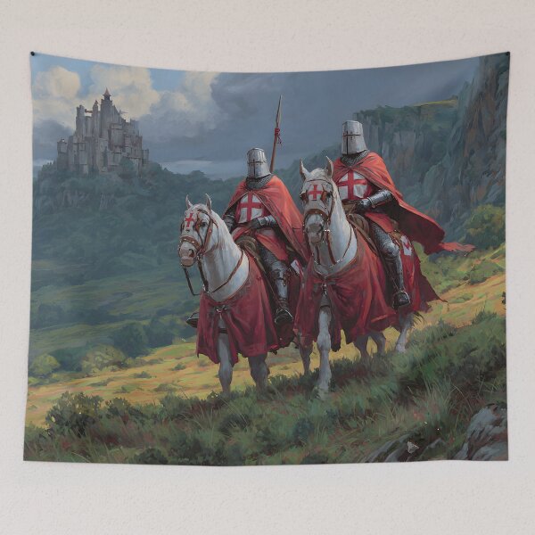 Item preview, Crusader Knights Templar on Horses Medieval Castle Illustration designed and sold by GrinGalore.