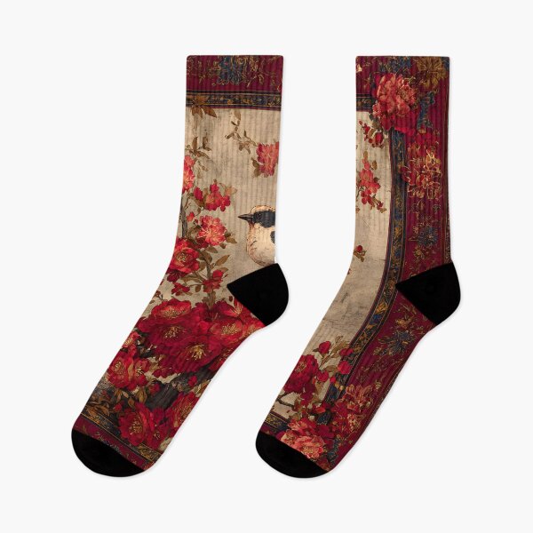 Item preview, Dark Red Chinese Silk Floral Sage Bird Carpet designed and sold by GrinGalore.