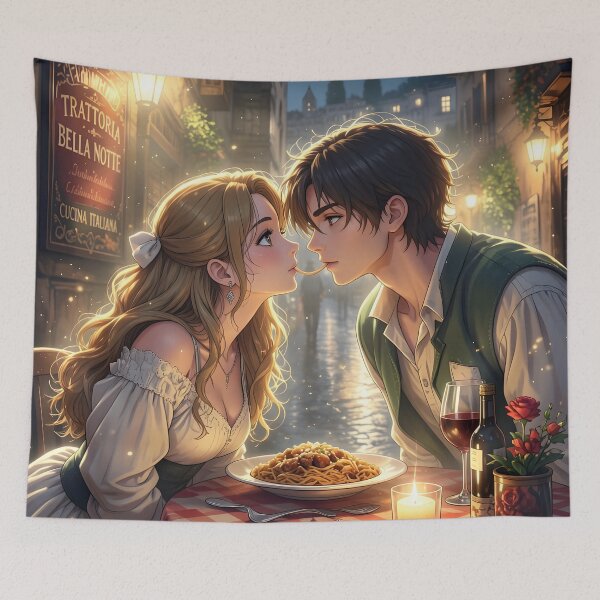 Item preview, Romantic Spaghetti Dinner Anime Couple designed and sold by sigmaartstudio.