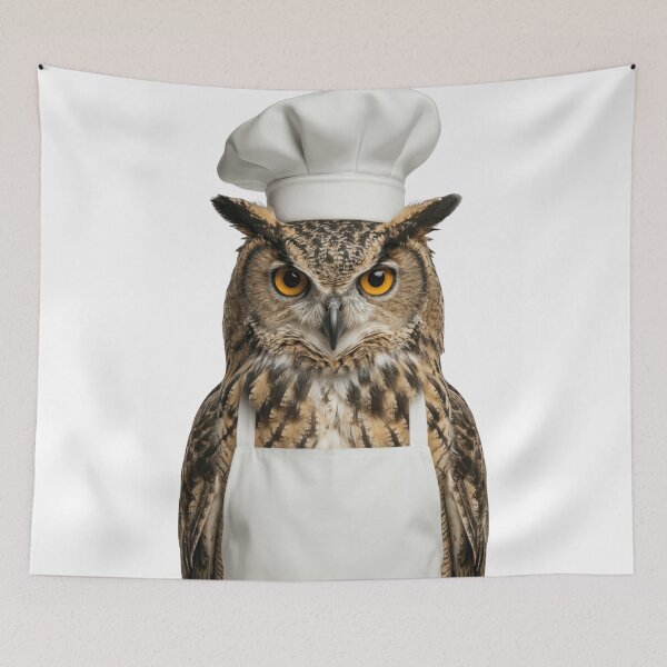 Item preview, Funny Great Horned Owl Chef Realistic Animal Cooking Humor Art designed and sold by LazyOwlStore.