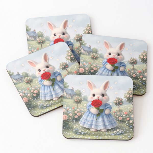 Item preview, Adorable Baby Bunny in Blue Lace Dress with Red Rose - Cute Fairy Tale Rabbit Art designed and sold by lovelistivkaa.